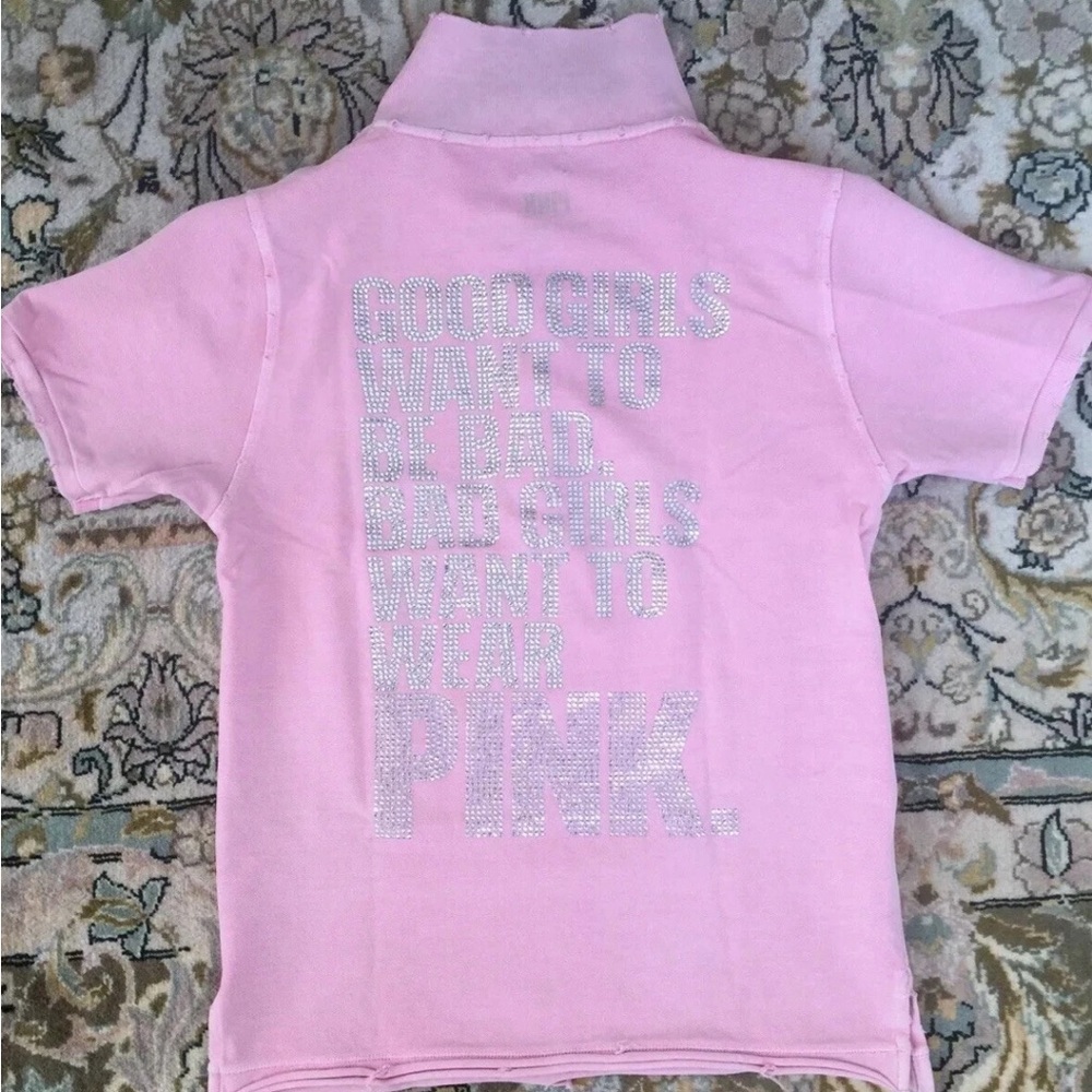 E.Vil Victorias Secret Pink Short-Sleeve Polo T-shirt Rhinestone Chrystal s